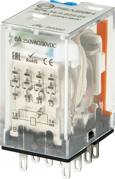 Промежуточное реле; 4 перекидных контакта 6А (= 6В DC) блокируемая кнопка проверки + светодиод