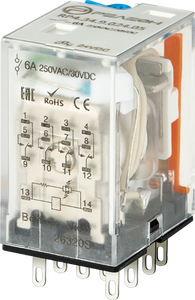 Промежуточное реле; 4 перекидных контакта 6А (= 110В DC) блокируемая кнопка проверки + светодиод